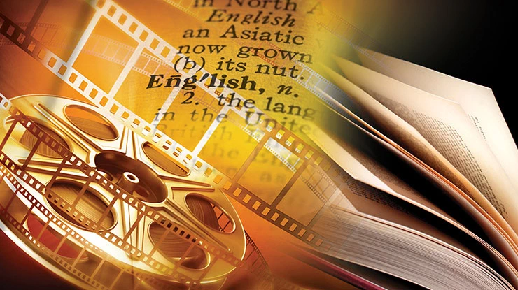 An English major is depicted visually through a golden-hued open book, dictionary definition and unspooling film reel.