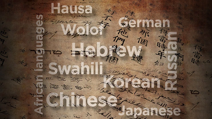 An artistic rendering for linguistics majors that lists world languages including Hebrew, Russian, Japanese and more.