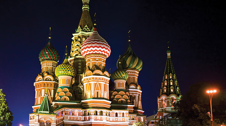 Saint Basil’s Cathedral illuminated at night, where Russian majors might one day visit.