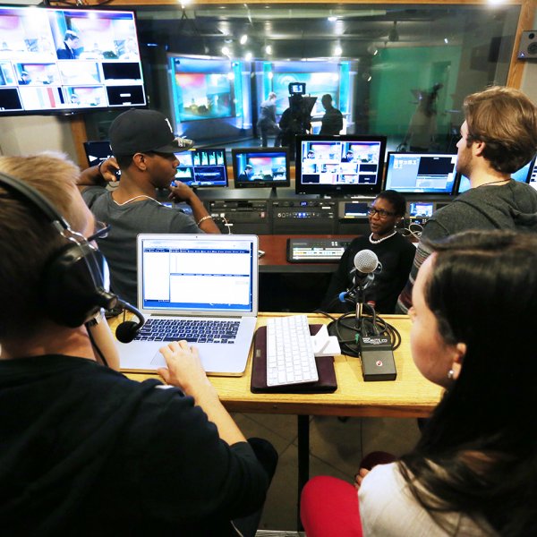 Students in the Focal Point News studio at Michigan State University)