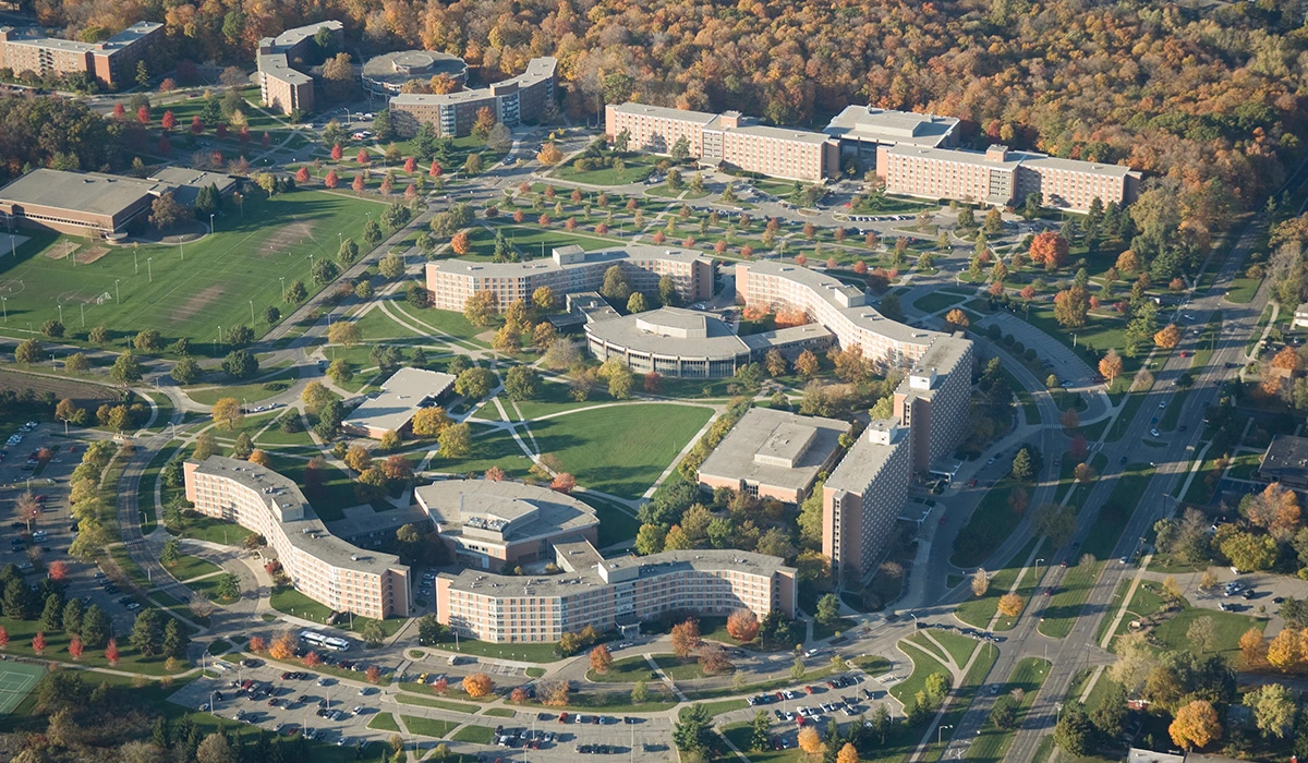Aerial view of MSU dorms in River Trail and East Neighborhoods: Owen, McDonel, Holmes, Akers and Hubbard.